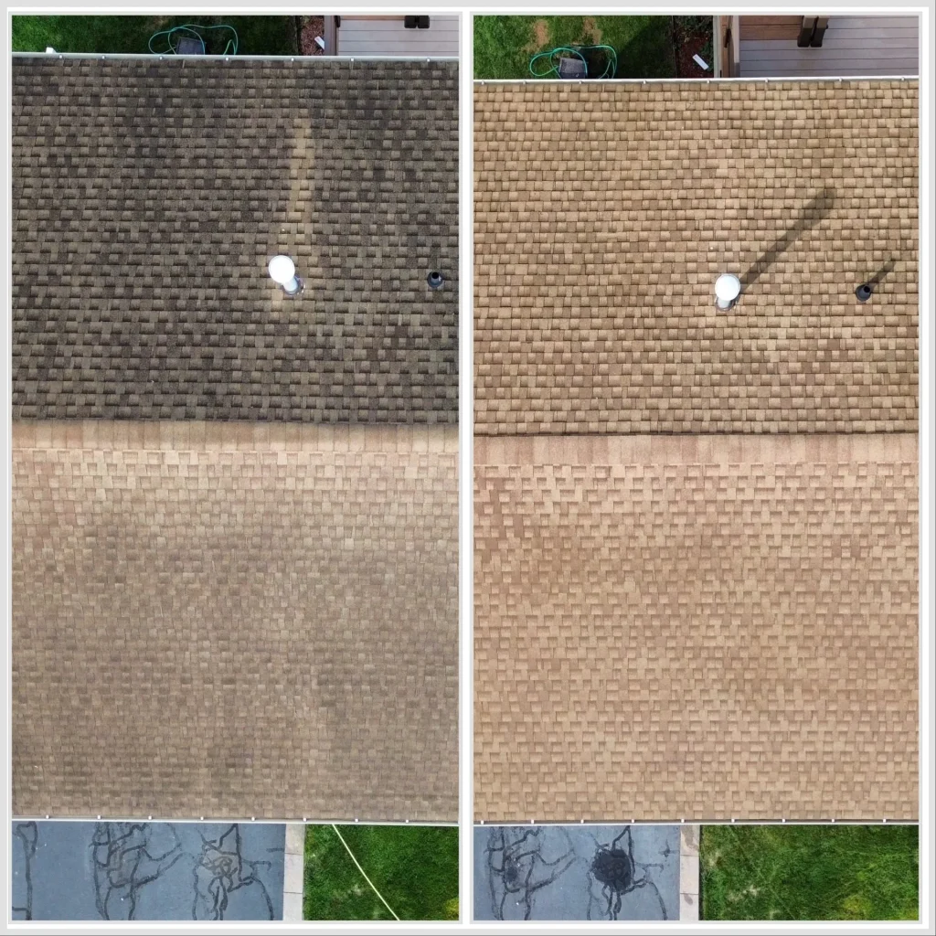 roof-cleaning-before-after-hartford-ct Roof cleaning before and after in Hartford CT — black algae streaks and green moss removed from asphalt shingle roof