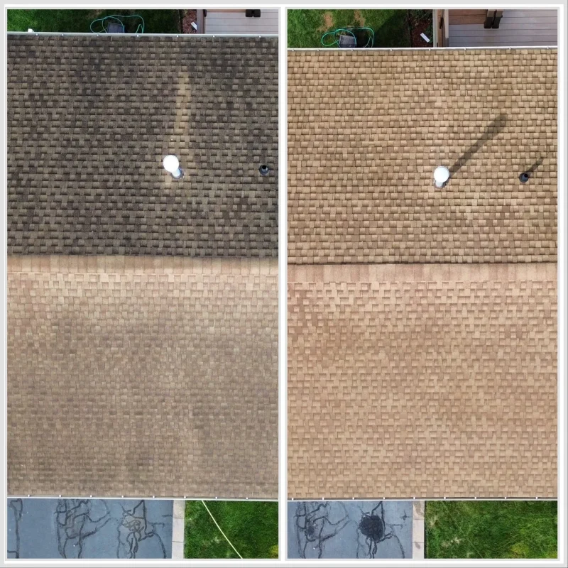 Roof cleaning before and after in Hartford CT — black algae streaks and green moss removed from asphalt shingle roof