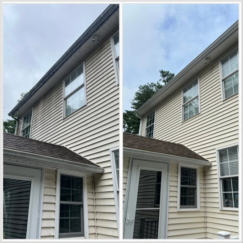 Before and after soft wash house cleaning in Hartford County CT — algae and mildew removed from cream vinyl siding on a colonial home