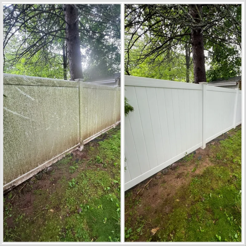 Vinyl fence cleaning in Hartford County CT — soft wash removing green algae and mildew staining from white vinyl privacy fence