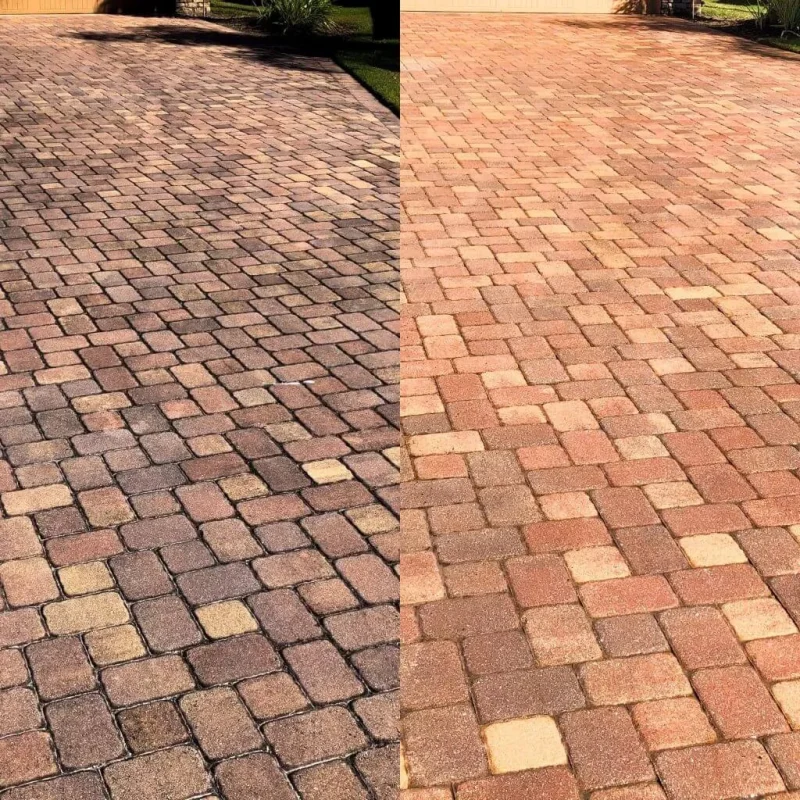 Before and after paver cleaning and sealing in Hartford County CT — faded brick pavers restored with fresh polymeric sand and sealer