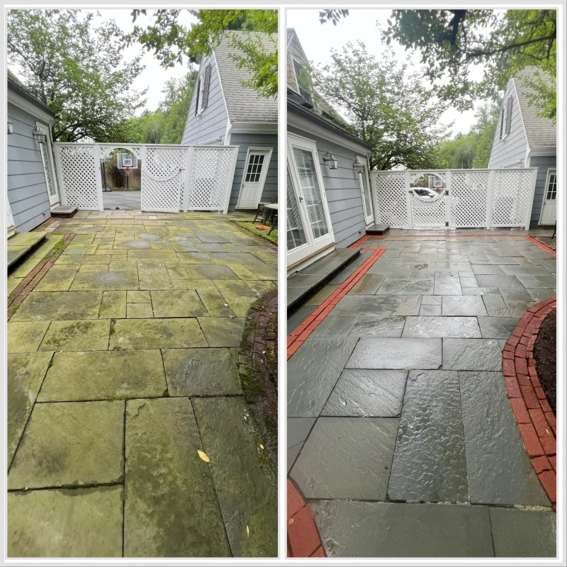 Before and after concrete driveway cleaning in Hartford County CT — oil stains, tire marks, and embedded grime removed from residential driveway