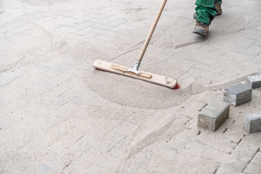 polymeric-sand-installation-hartford-county-ct Polymeric sand installation in Hartford County CT — professional sweeping polymeric sand into paver joints on residential patio